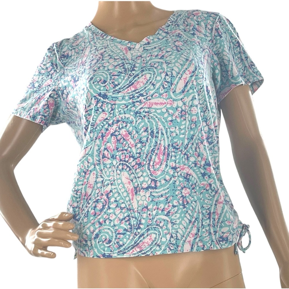 Caribbean Joe Paisley Floral‎ Print V-Neck Top Drawstring Casual Cotton Tee M